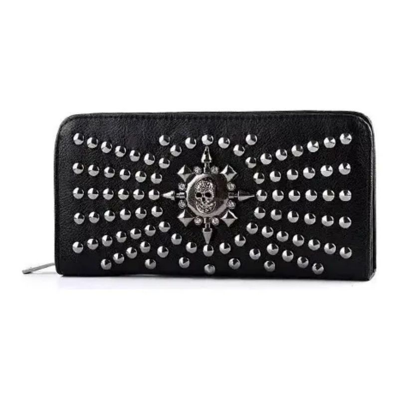 Cartera Larga De Piel De Calavera Con Cremallera Color Negro