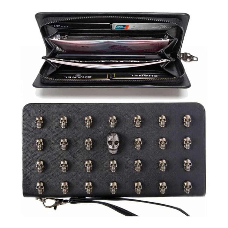 Cartera Larga De Mujer Con Cremallera De Cuero De Calaveras Color Negro
