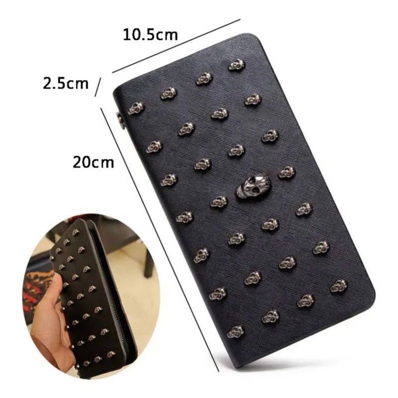 Cartera Larga De Mujer Con Cremallera De Cuero De Calaveras Color Negro