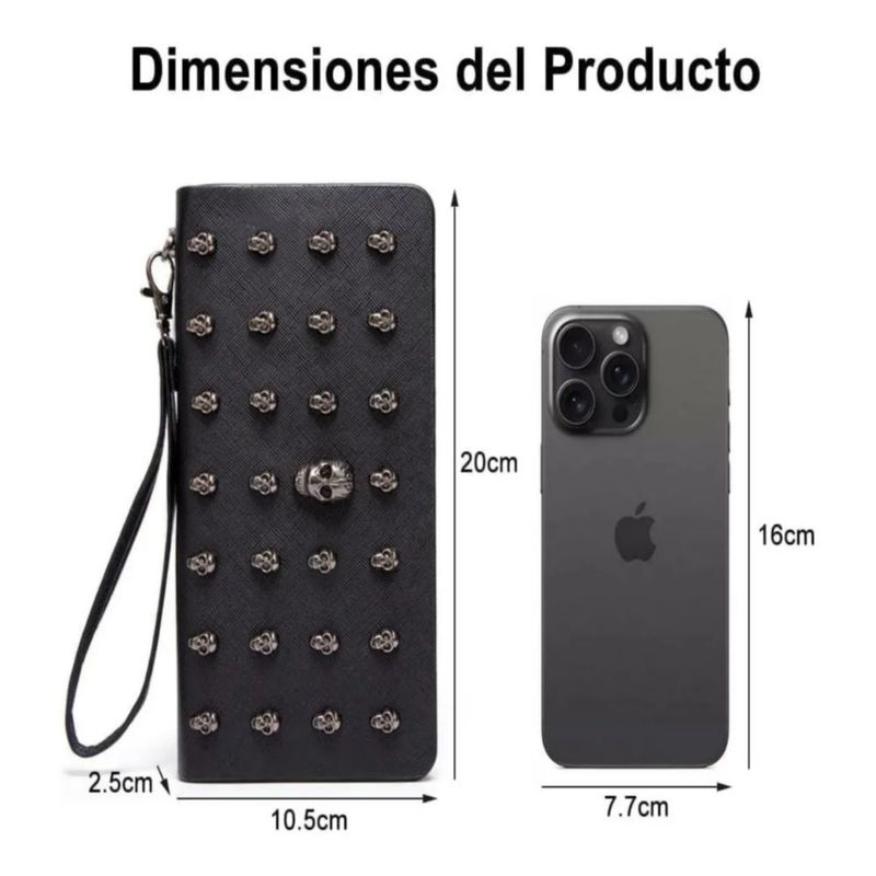 Cartera Larga De Mujer Con Cremallera De Cuero De Calaveras Color Negro