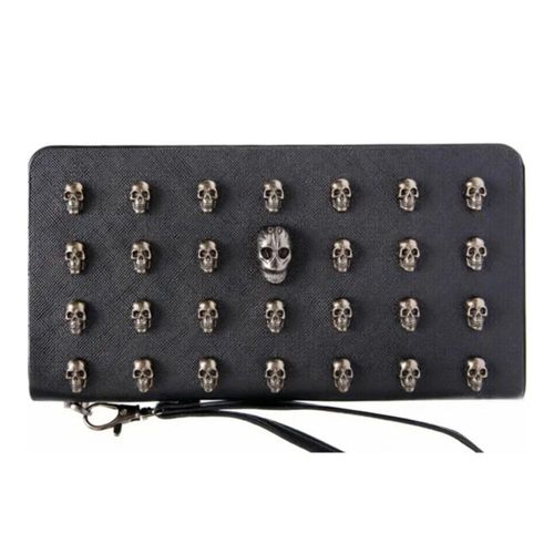 Cartera Larga De Mujer Con Cremallera De Cuero De Calaveras Color Negro