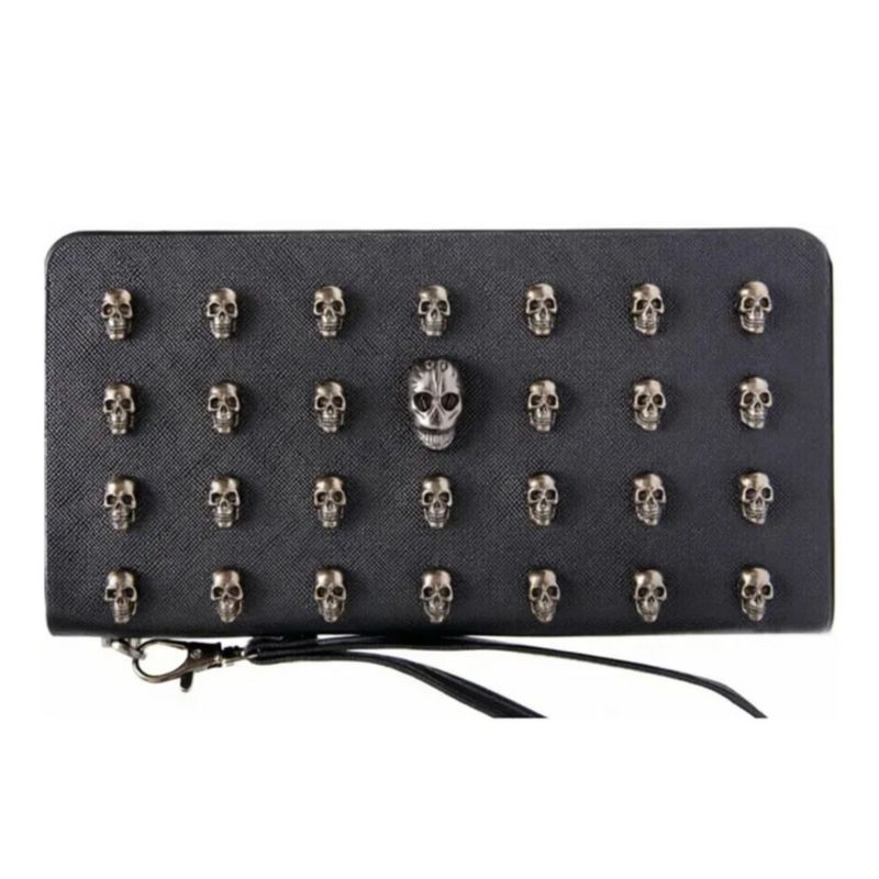 Cartera Larga De Mujer Con Cremallera De Cuero De Calaveras Color Negro