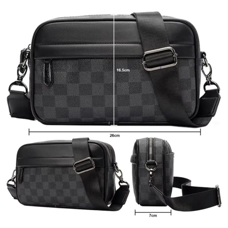 Bolso Bandolera de cuero para hombre de Cuadros Color Negro/Gris
