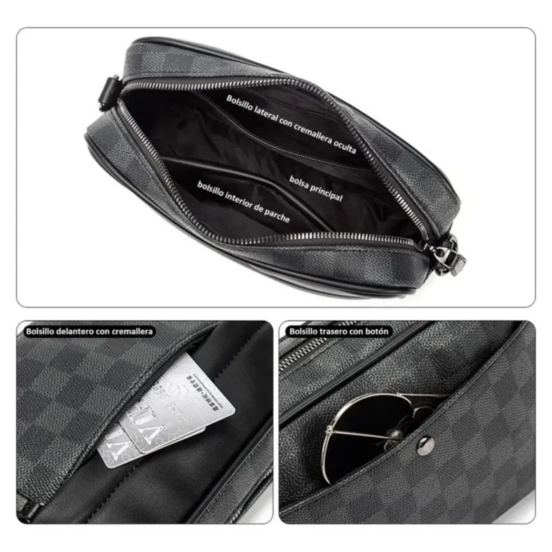Bolso Bandolera de cuero para hombre de Cuadros Color Negro/Gris