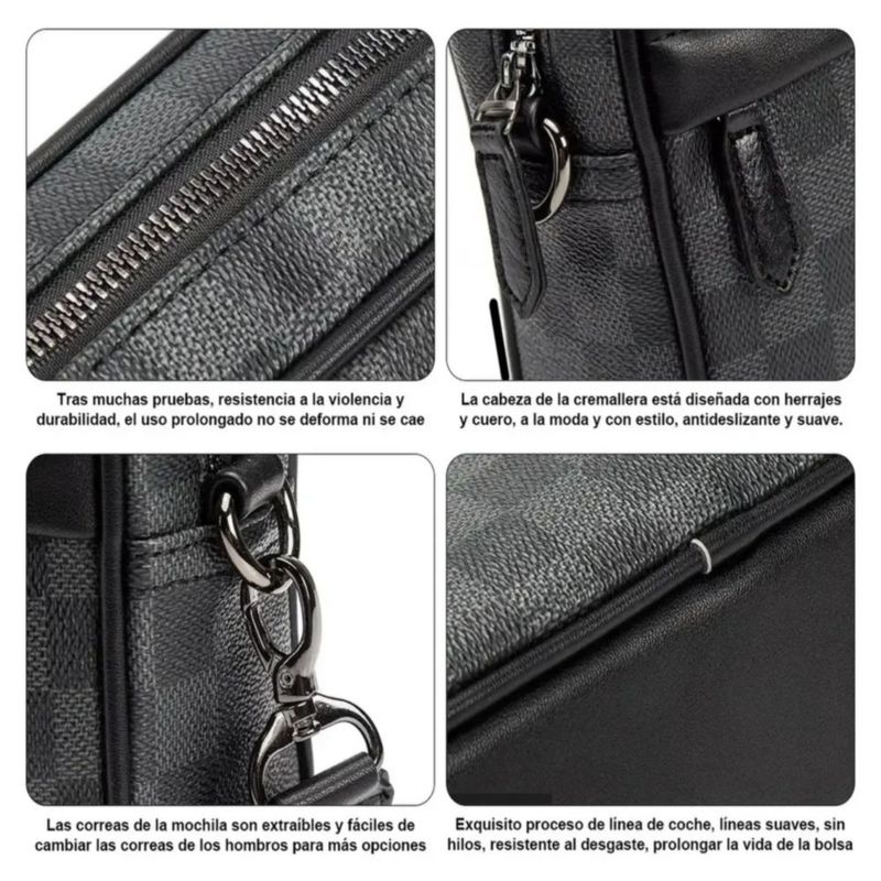 Bolso Bandolera de cuero para hombre de Cuadros Color Negro/Gris
