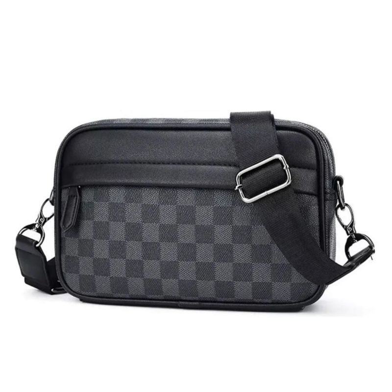 Bolso Bandolera de cuero para hombre de Cuadros Color Negro/Gris