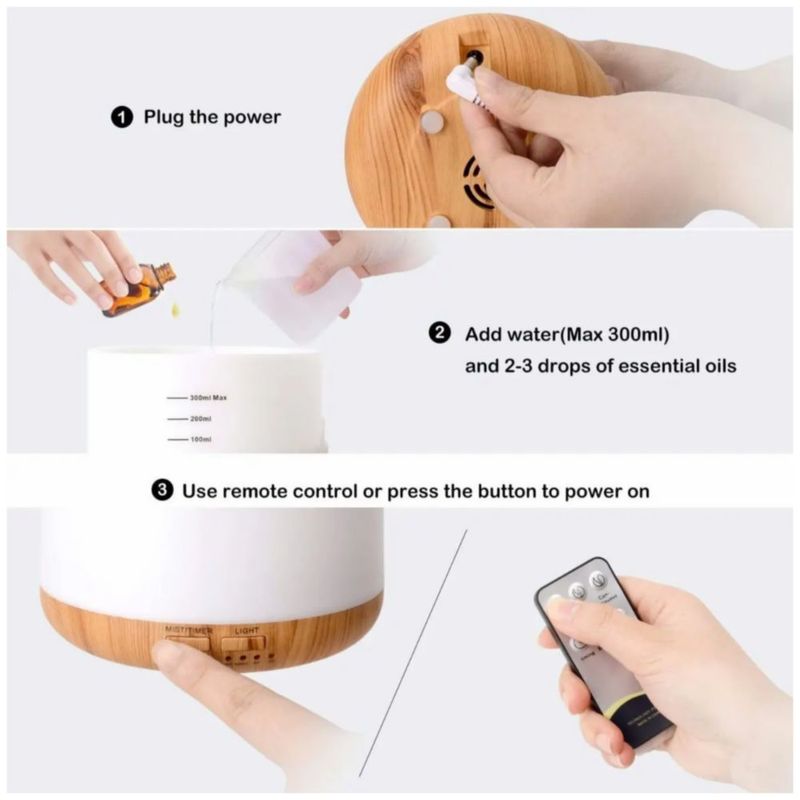 Humidificador Difusor De Aroma, Con Control Remoto y 8 Aceites Color Blanco y Café