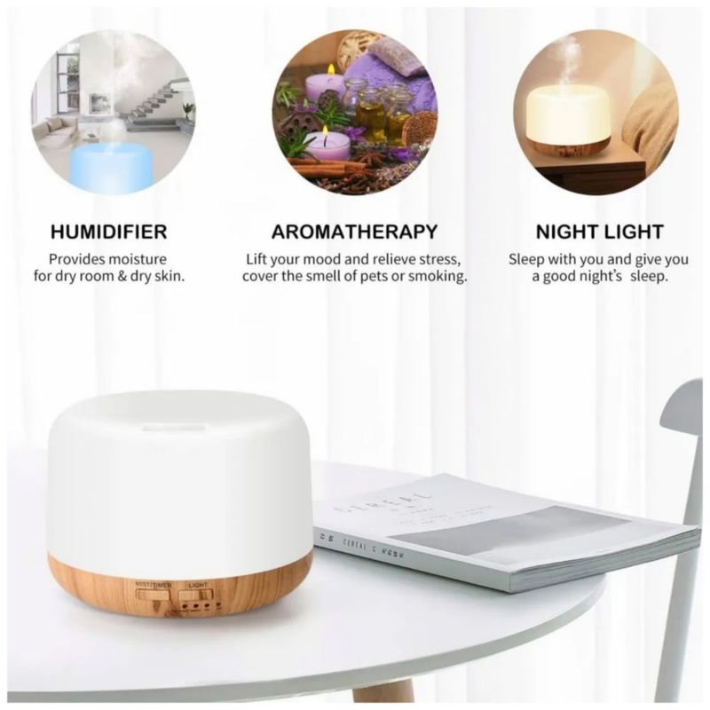Humidificador Difusor De Aroma, Con Control Remoto y 8 Aceites Color Blanco y Café