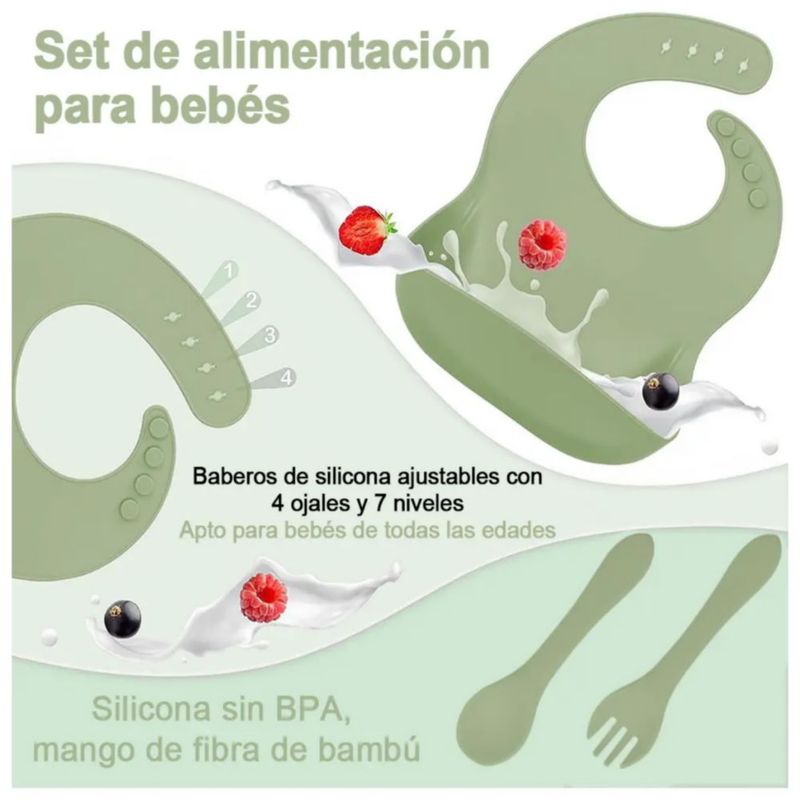 Juego De Alimentación para Bebé, hecho de  De Silicona Antideslizante Color Verde