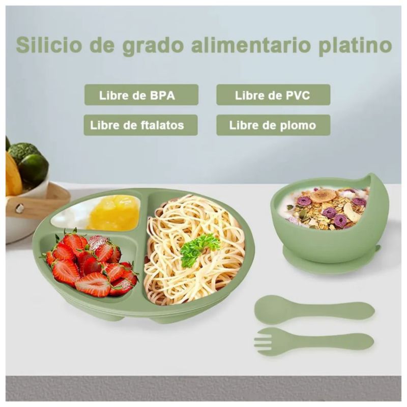 Juego De Alimentación para Bebé, hecho de  De Silicona Antideslizante Color Verde