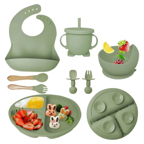 Juego De Alimentación para Bebé, hecho de  De Silicona Antideslizante Color Verde