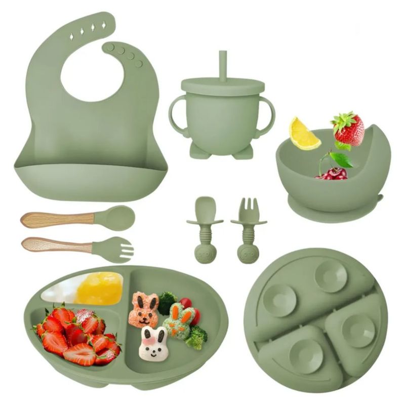 Juego De Alimentación para Bebé, hecho de  De Silicona Antideslizante Color Verde