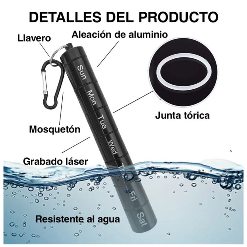 Pastillero Semanal Y Diario Portátil, Hermético Color Negro