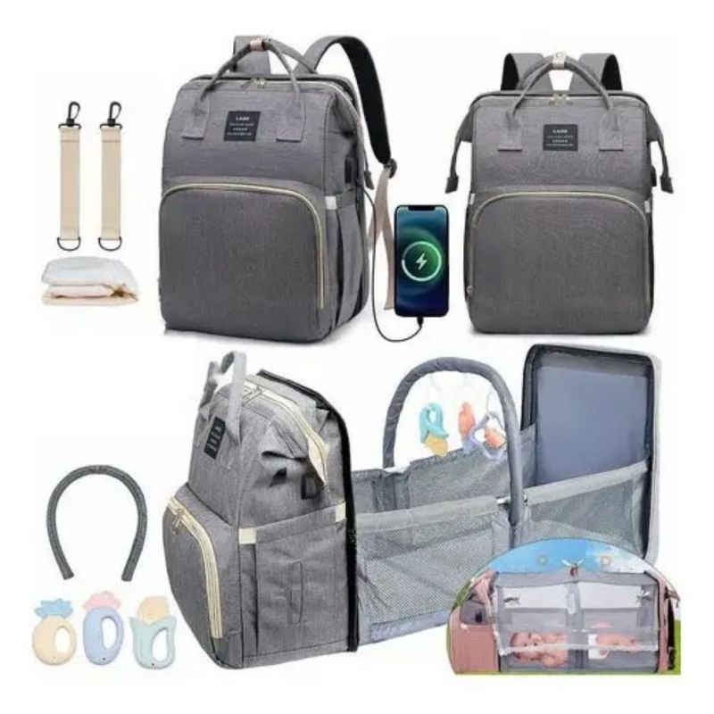 Mochila Pañalera Cuna, Con Cambiador Color Gris