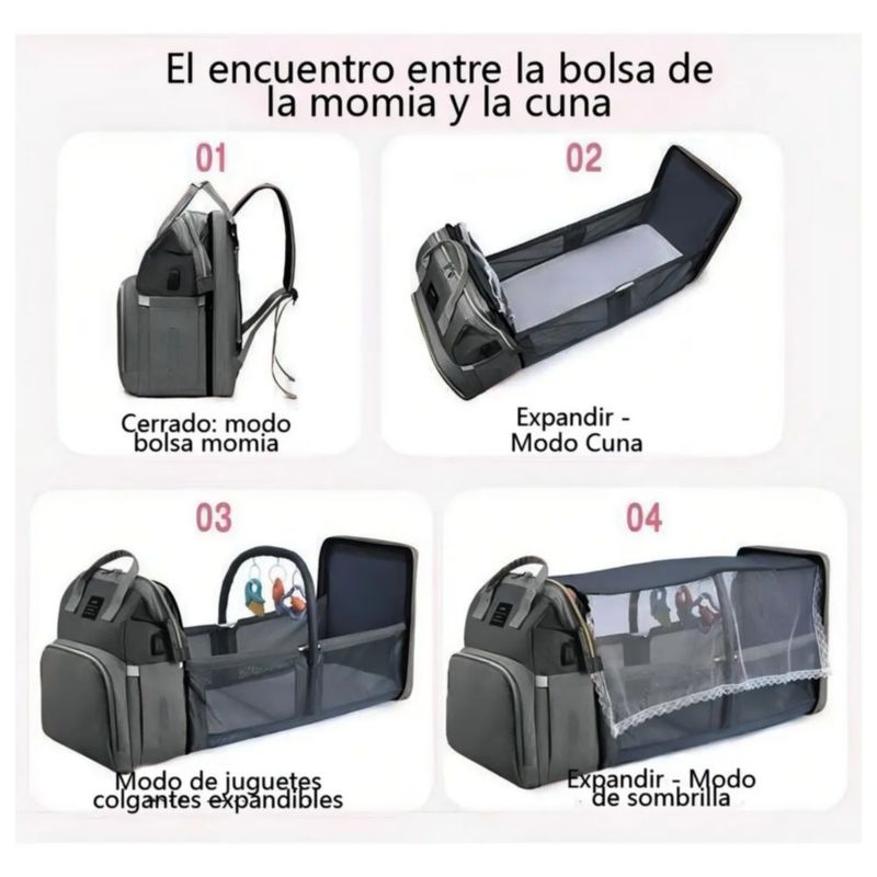Mochila Pañalera Cuna, Con Cambiador Color Gris