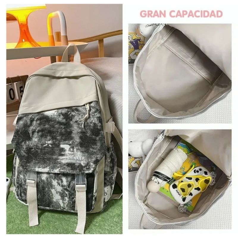 Mochila Escolar, Impermeable, de  Gran Capacidad Color Negro/Beige