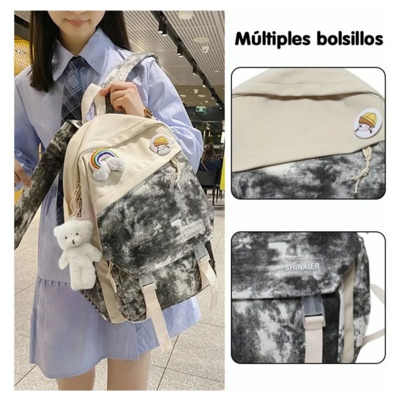 Mochila Escolar, Impermeable, de  Gran Capacidad Color Negro/Beige