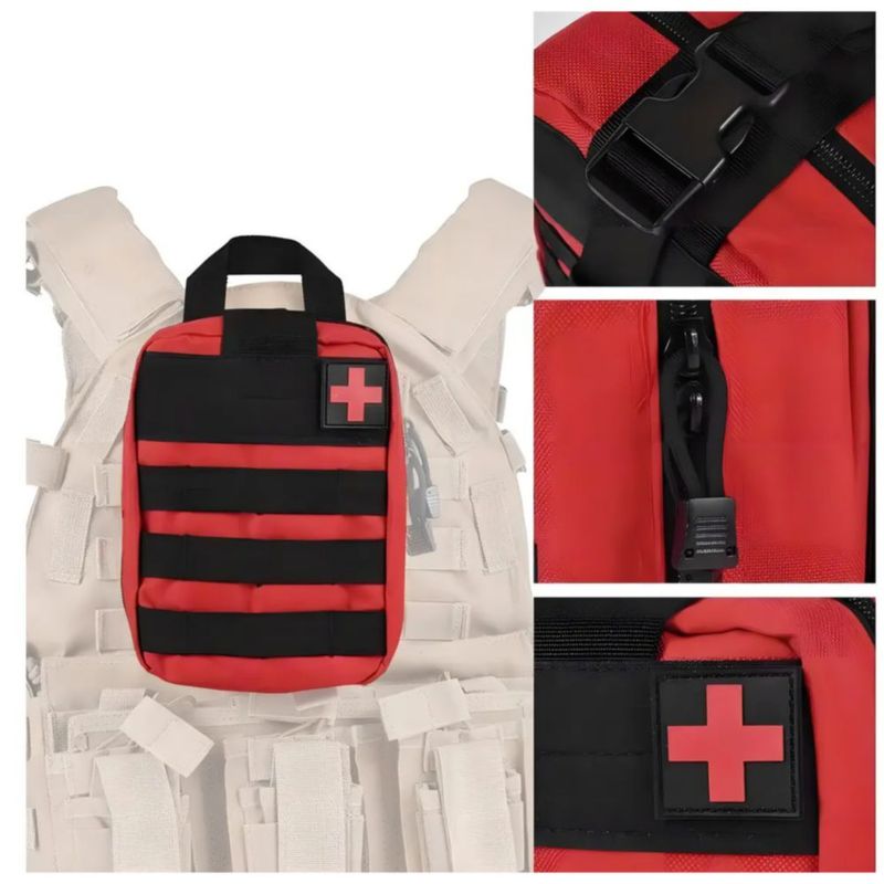 Mochila Botiquín Táctico, Diseño De Tela Nailon Color Rojo/Negro