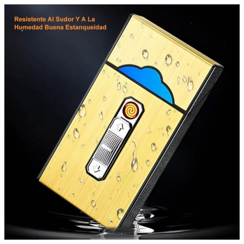 Cigarrera Con Encendedor Electrónico USB Arco Plasma 2 Es 1 Color Dorado