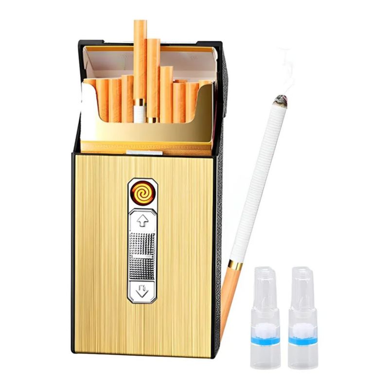 Cigarrera Con Encendedor Electrónico USB Arco Plasma 2 Es 1 Color Dorado