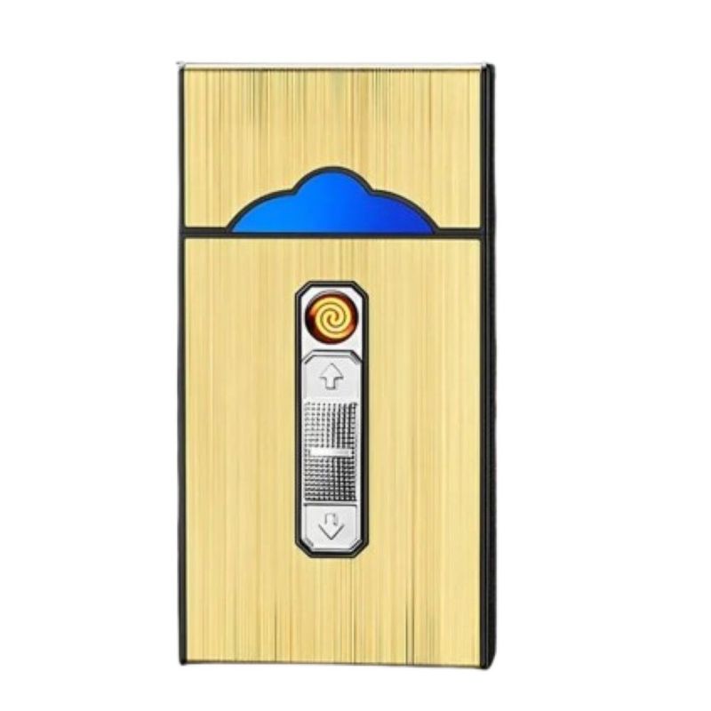 Cigarrera Con Encendedor Electrónico USB Arco Plasma 2 Es 1 Color Dorado