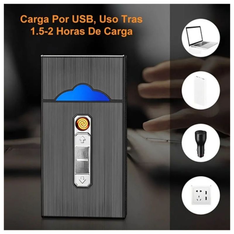 Cigarrera Con Encendedor Electrónico Usb Arco Plasma 2 Es 1 Color Negro
