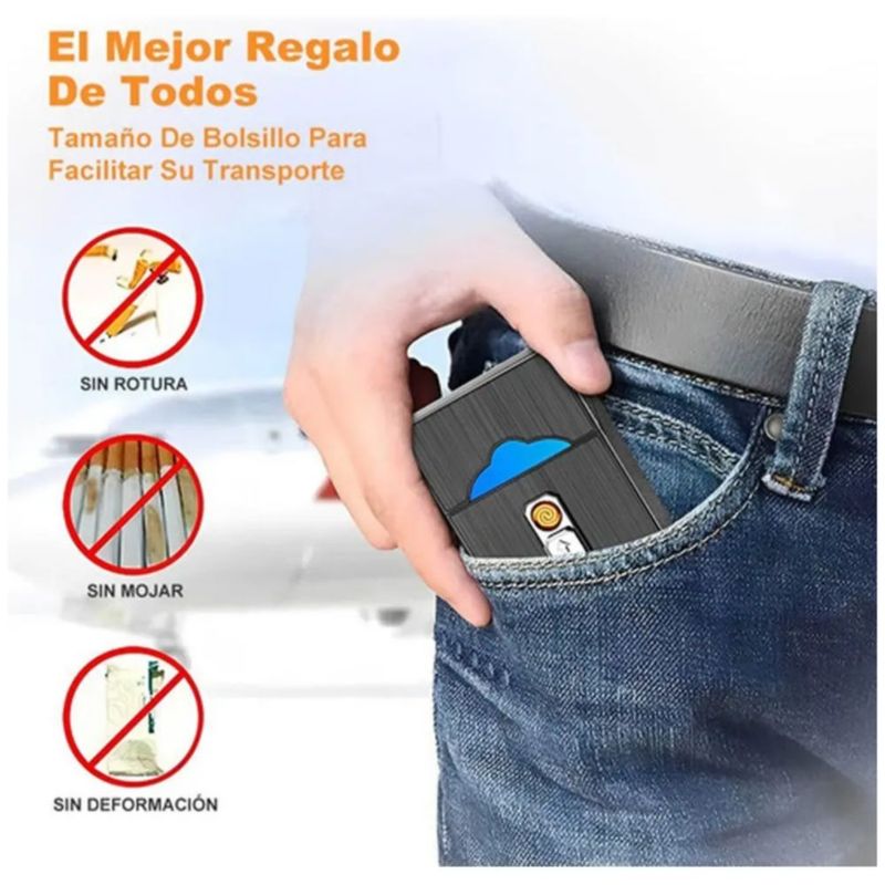 Cigarrera Con Encendedor Electrónico Usb Arco Plasma 2 Es 1 Color Negro