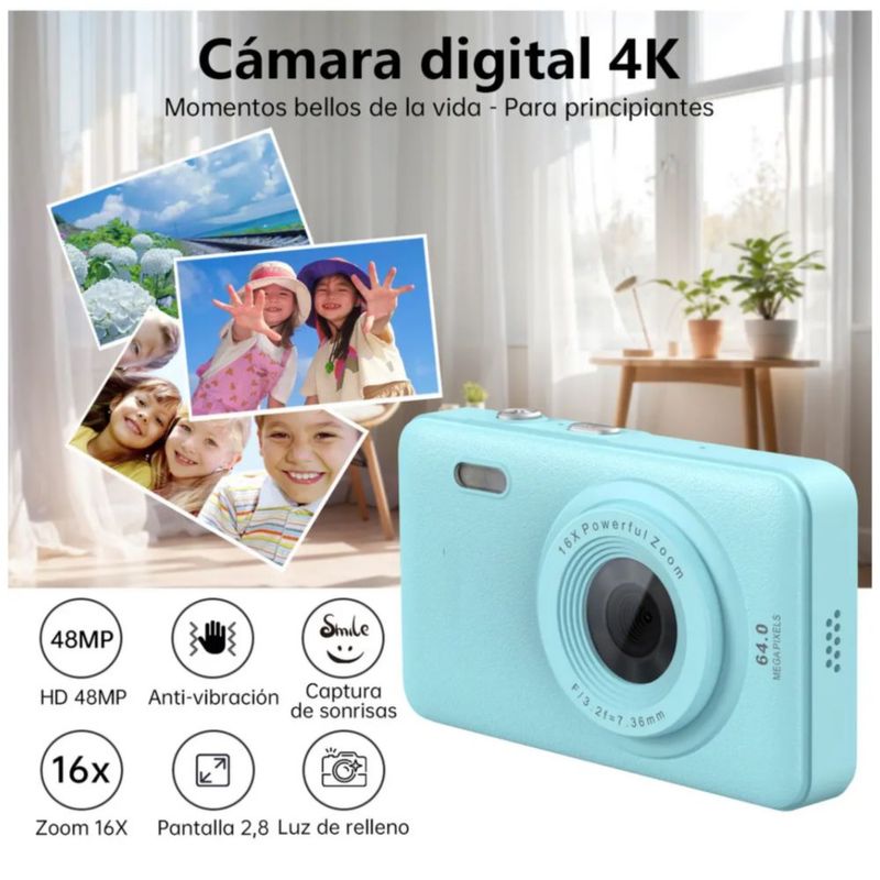Cámara Digital 48MP 4K con Zoom 16x y Autofoco para Niños y Principiantes, Color Azul
