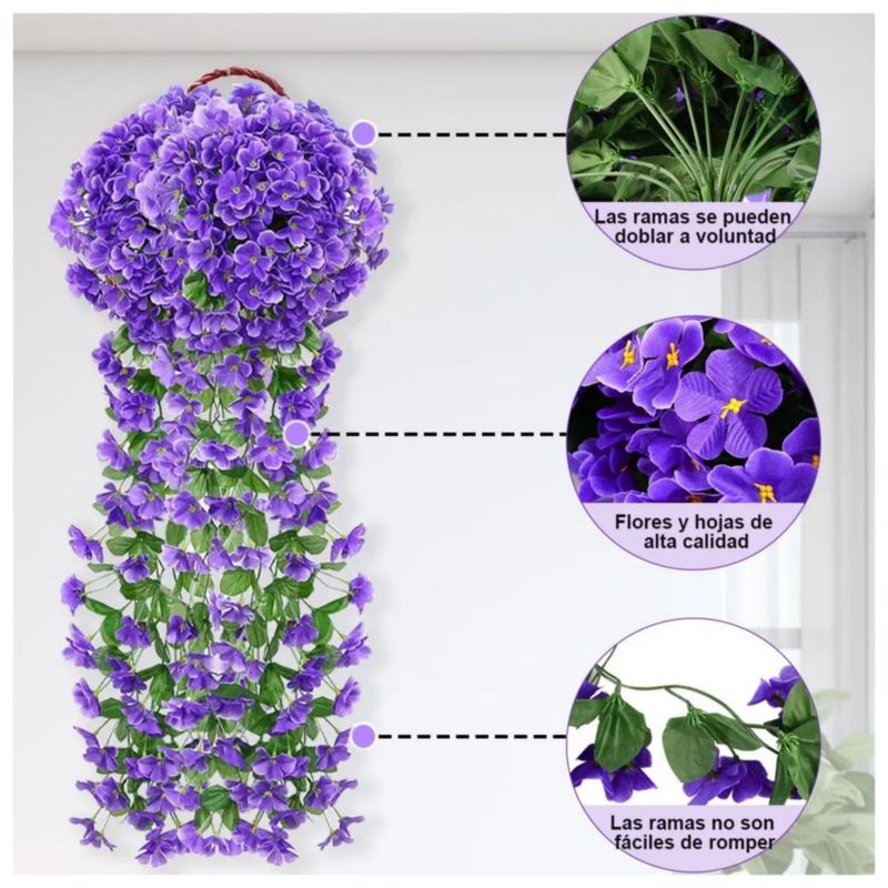 2 Flores Artificiales Decorativas Colgantes Boda Decoración, Color Morado