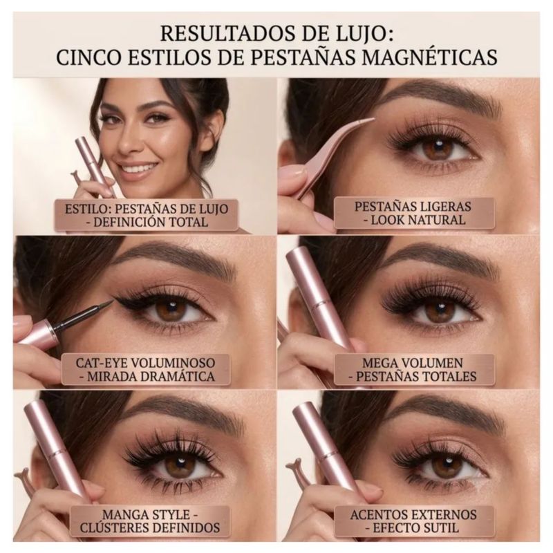 5 Kit De Pestañas Postizas Magnéticas & Delineador,  Color Negro