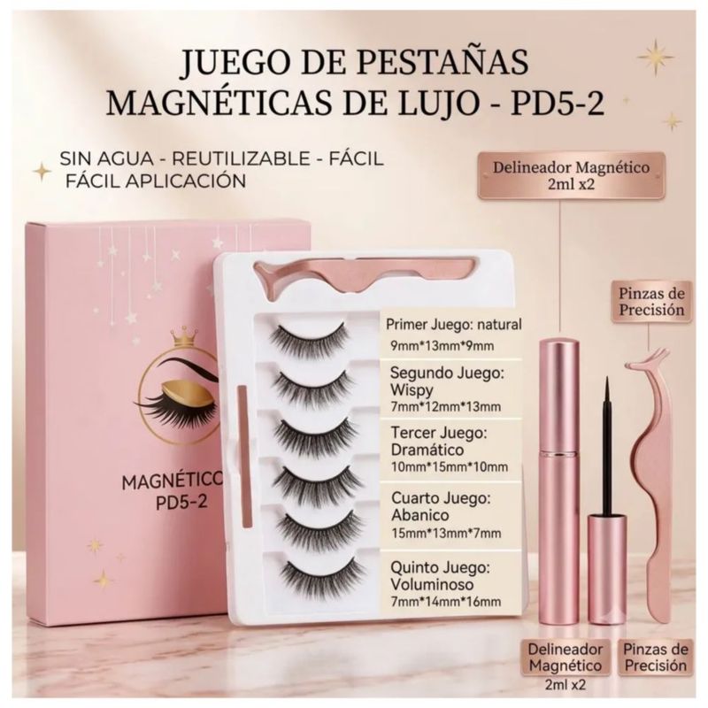 5 Kit De Pestañas Postizas Magnéticas & Delineador,  Color Negro