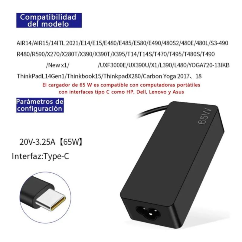 Cargador Usb Tipo C Para Hp, Dell, Huawei 20v 3.25a, Color Negro