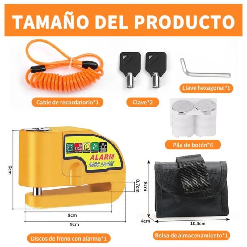 Alarma Motocicleta Bloqueo Impermeable Freno Disco Candado, Color Naranja