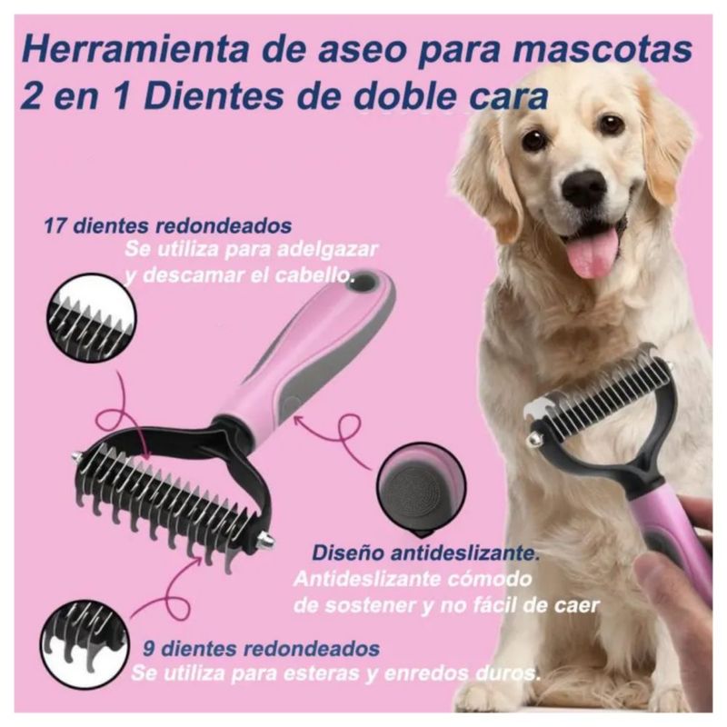 Cepillo Deslanador con Masajeador para Mascota Rosa