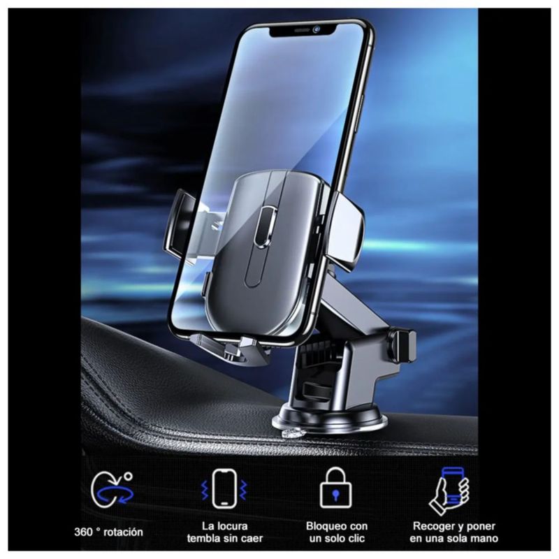 Soporte Para Celular Auto 360° Ventosa Pinza Ajustable Color Negro