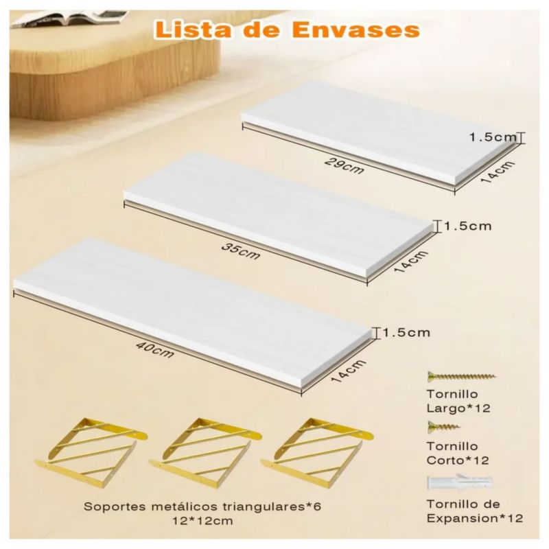 3 Repisas Flotantes de Madera Modernas Color Blanco