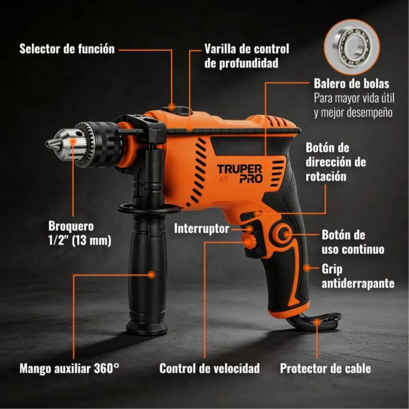 Taladro rotomartillo atornillador eléctrico de 1/2" 650W, caja de cartón, 127V, 60Hz NARANJA/NEGRO