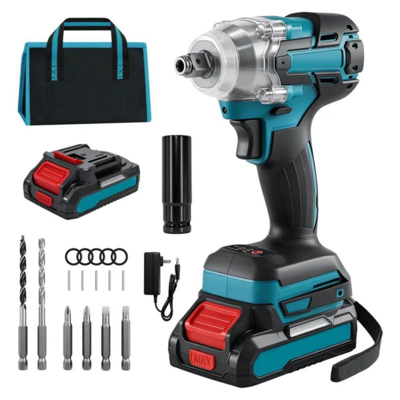 Llave de Impacto Inalámbrica Pistola Llave Eléctrica Taladros Sin Escobillas 21V 1/2 520Nm Batería 6000mAh Azul