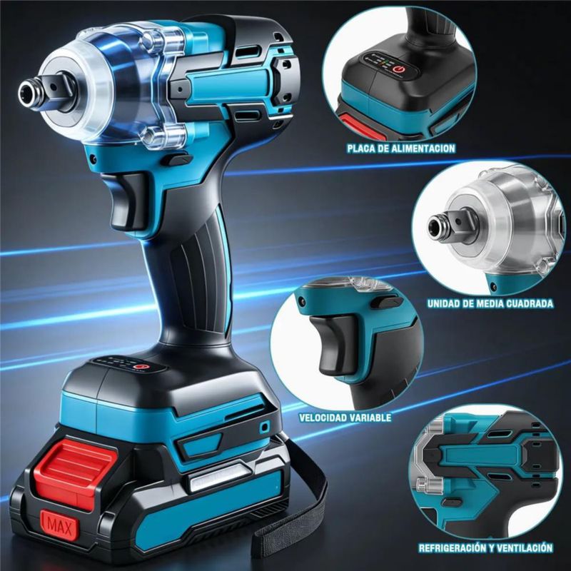 Llave de Impacto Inalámbrica Pistola Llave Eléctrica Taladros Sin Escobillas 21V 1/2 520Nm Batería 6000mAh Azul