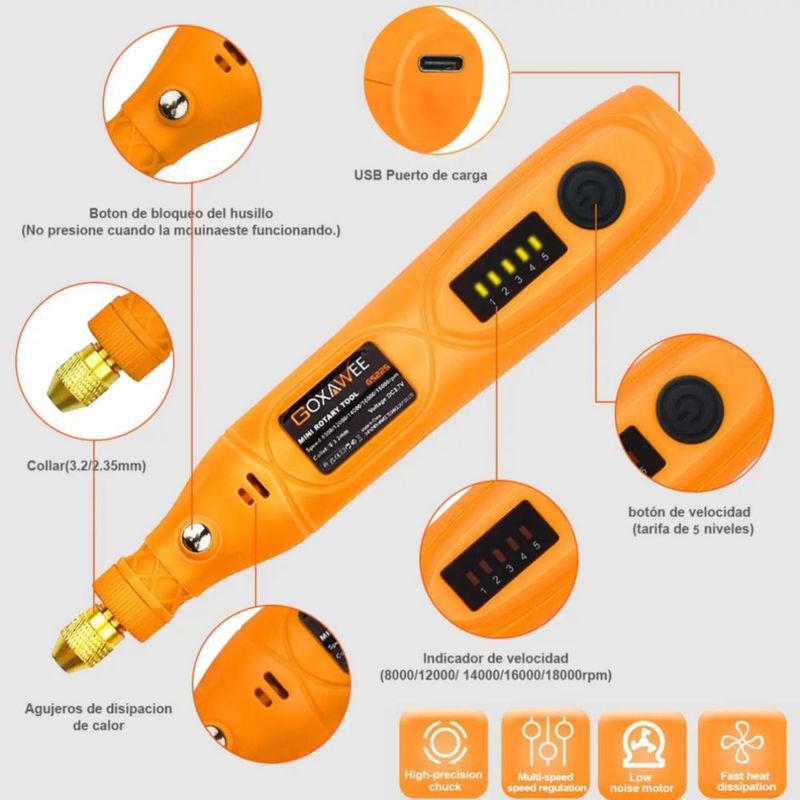 Mini Mototool Taladro Pulido Accesorios Naranja