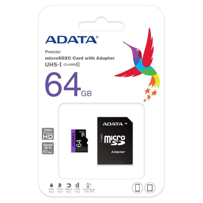Memoria Micro SD 64 Gb Adata Class10 Con Adaptador SD Negro