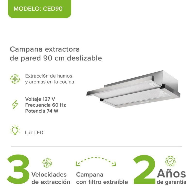 Campana Extractora de Pared 90 cm Deslizable Acero Inox AVERA CED90