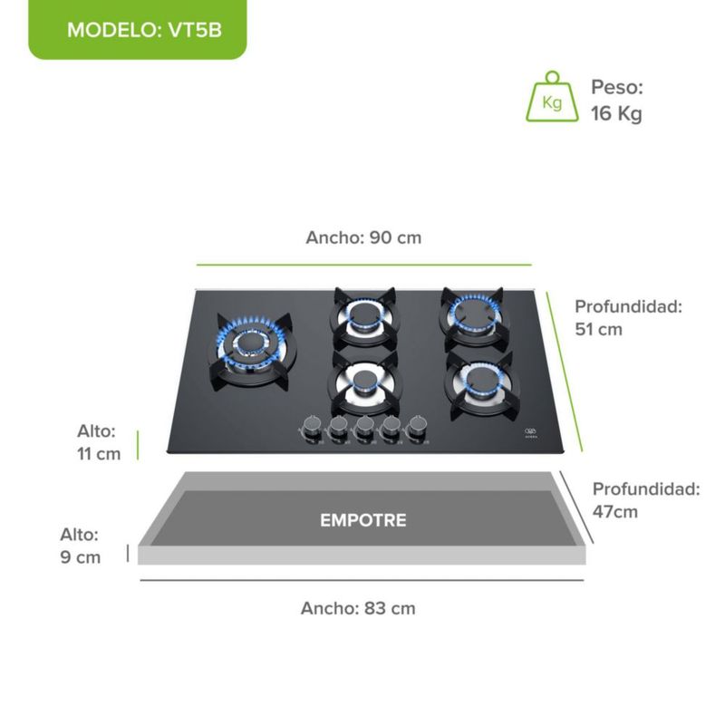 Parrilla de gas 5 quemadores de vidrio templado 90 cm AVERA VT5B