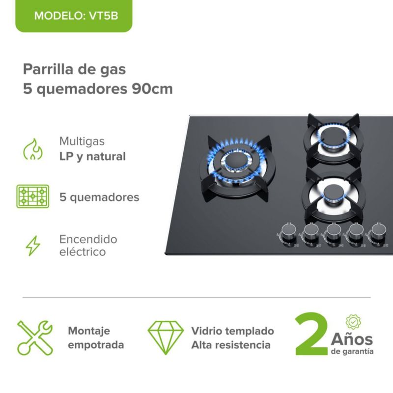 Parrilla de gas 5 quemadores de vidrio templado 90 cm AVERA VT5B
