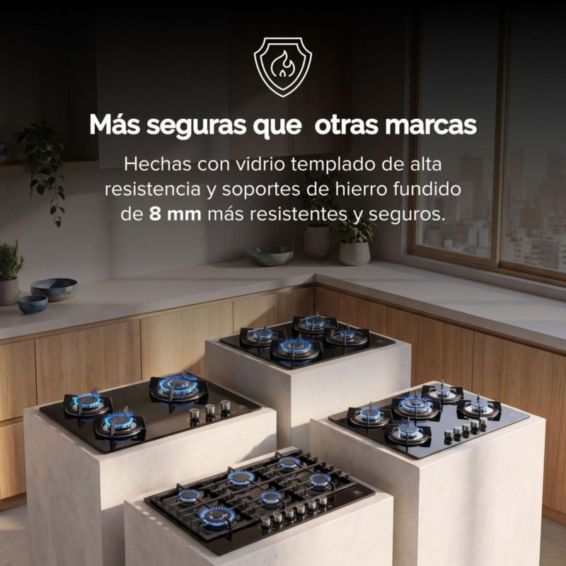 Parrilla de gas 5 quemadores de vidrio templado 90 cm AVERA VT5B