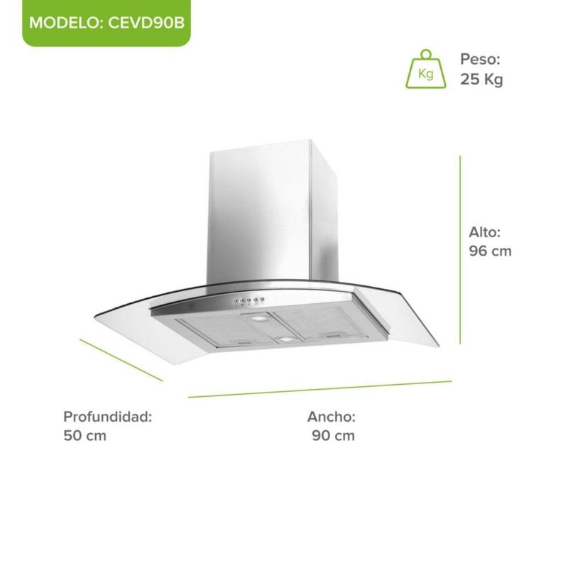 Campana de Isla curva 90 cm 780 m3/h extracción AVERA CEVD90B