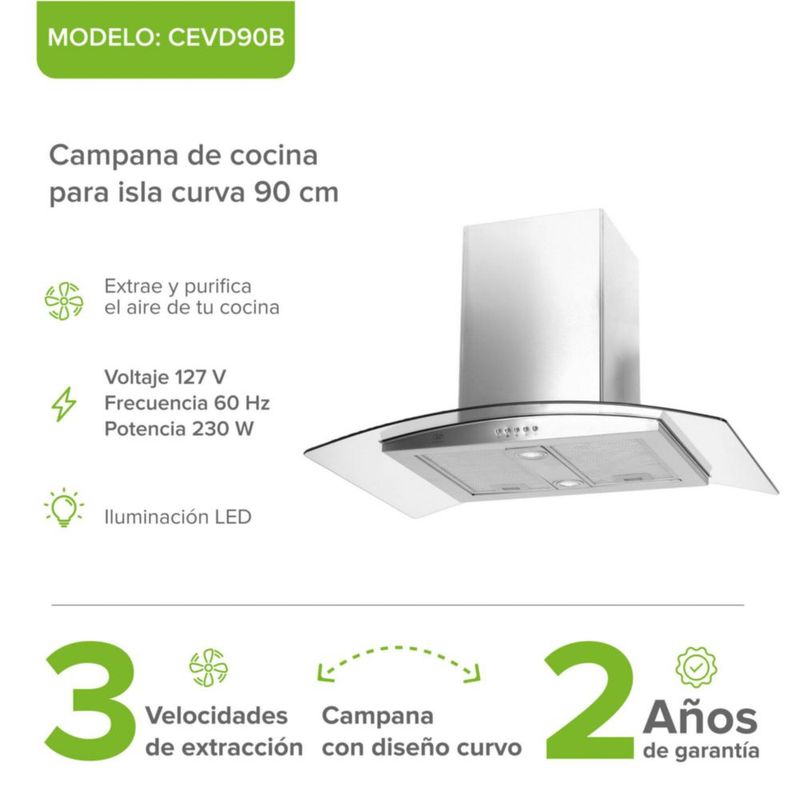 Campana de Isla curva 90 cm 780 m3/h extracción AVERA CEVD90B