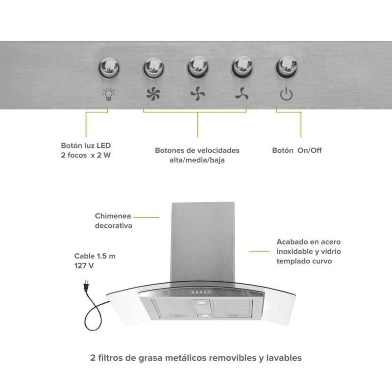 Campana de Isla curva 90 cm 780 m3/h extracción AVERA CEVD90B