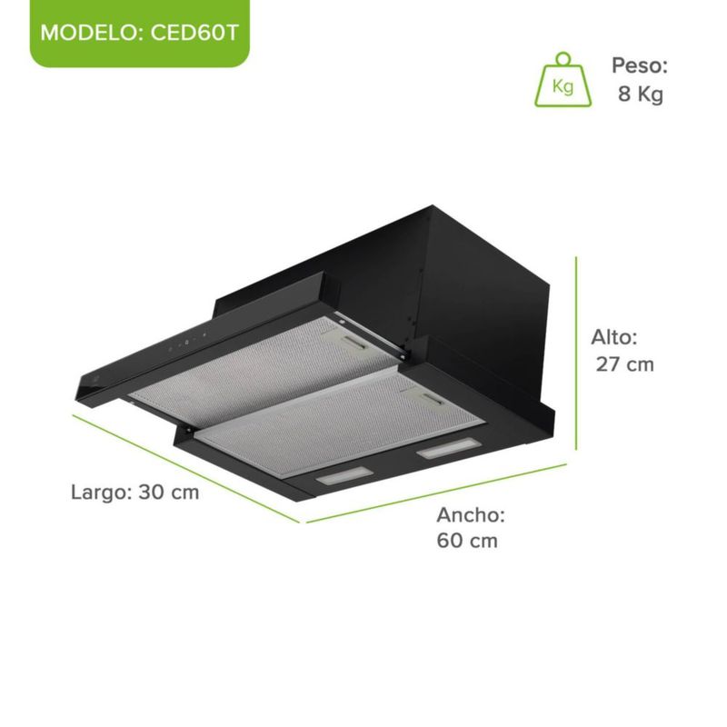 Campana Extractora de Pared 60 cm Deslizable Acero Inox AVERA CED60T