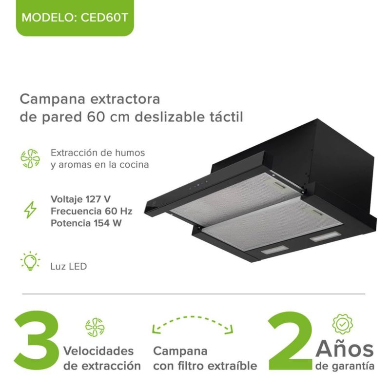 Campana Extractora de Pared 60 cm Deslizable Acero Inox AVERA CED60T